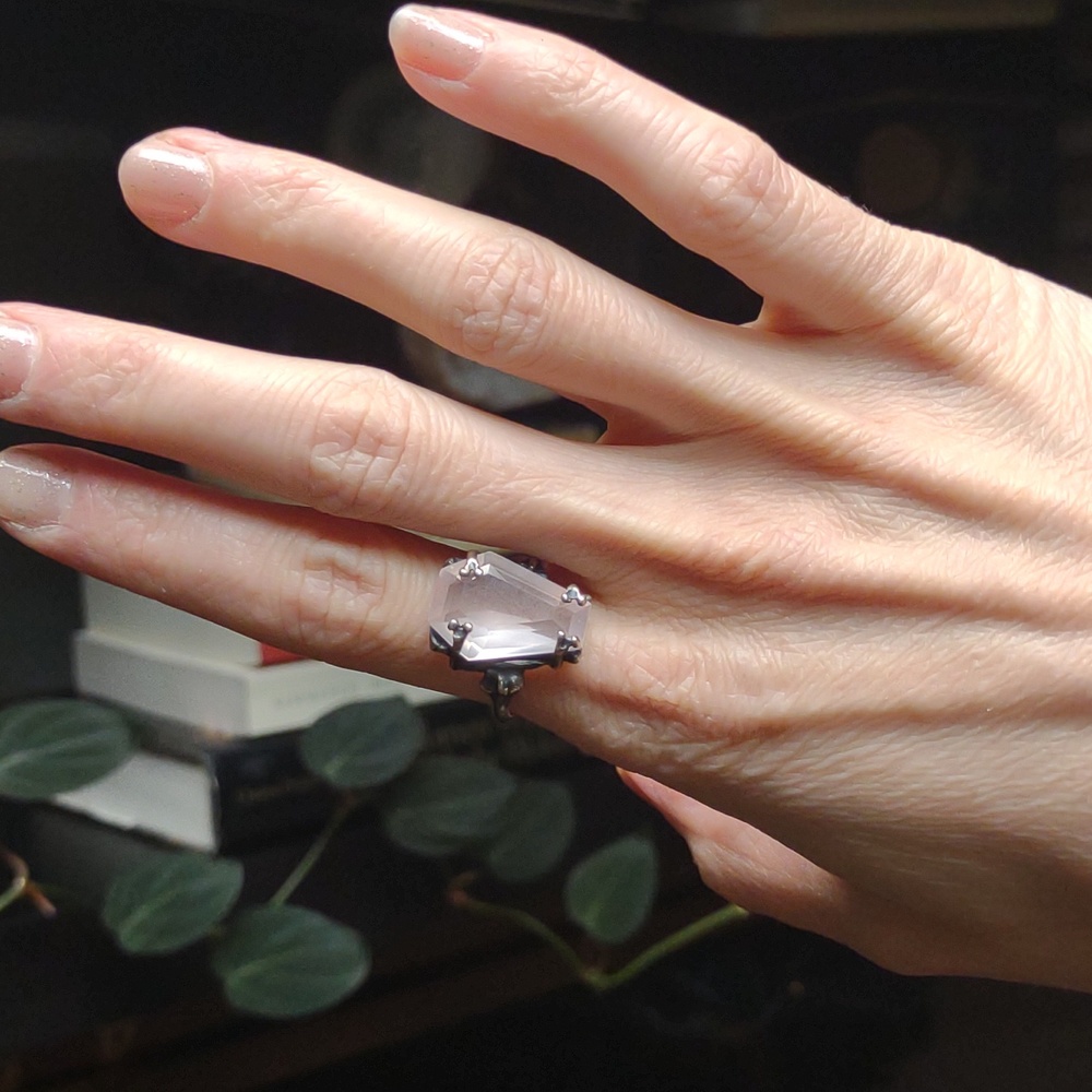 Bloodmilk Ghost Rose Quartz Medium Easeful Death Coffin Ring - Picture 7 of 7